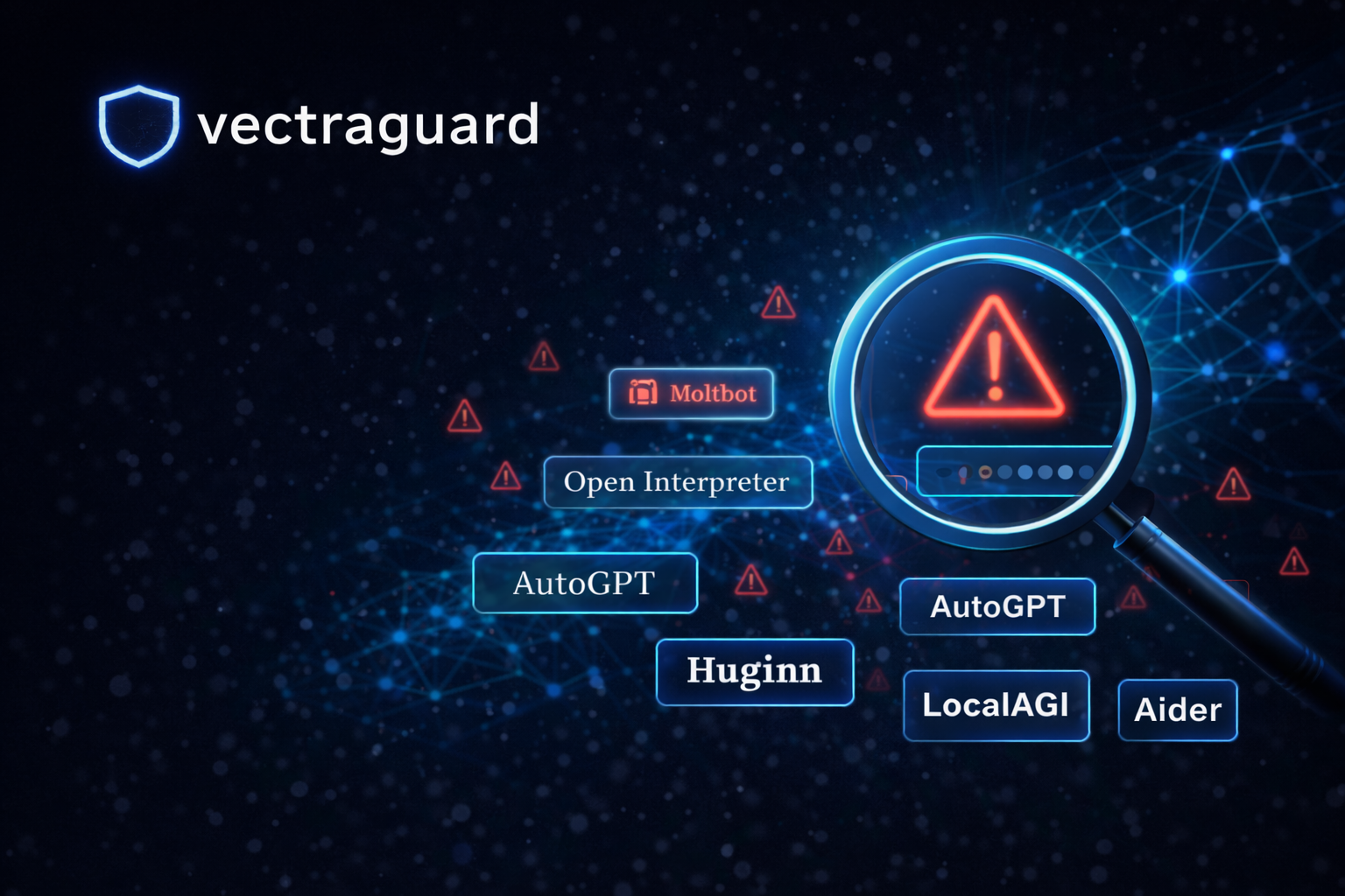 Vectra Guard scanning AI agent repos for security risks: Moltbot, Open Interpreter, AutoGPT, Huginn, LocalAGI, Aider with security warnings highlighted.